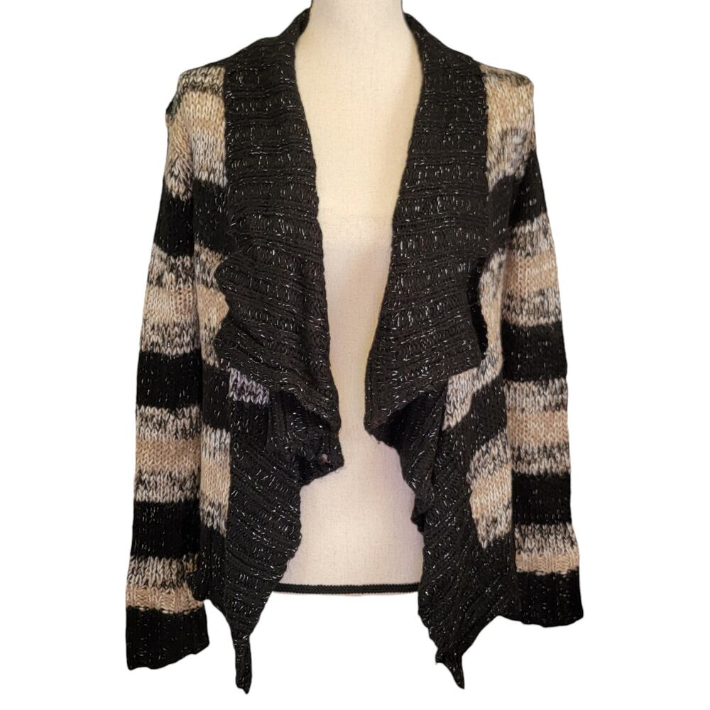 Striped Waterfall Cardigan Sweater Womens Sz S Brown Black‎ Metallic Boho Draped
